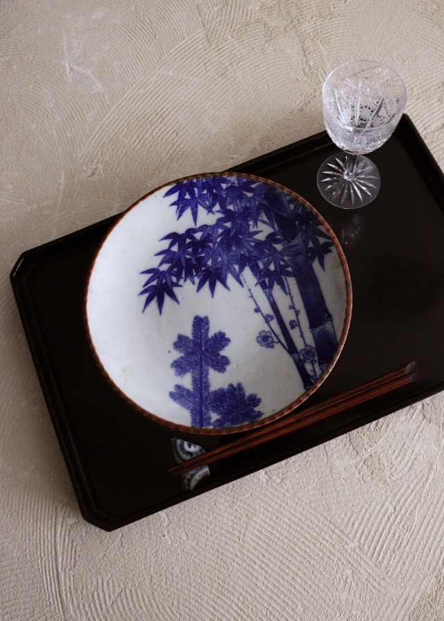 印判染付皿　松竹梅　24.5ｃｍ　イゲ皿　　ワンプレート　飾り皿　1枚