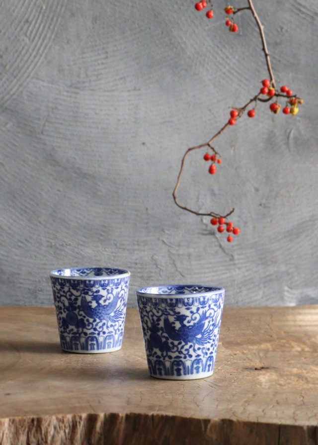 染付印判蕎麦猪口 桐菊唐草鳳凰紋 ソバ猪口 2客 金継