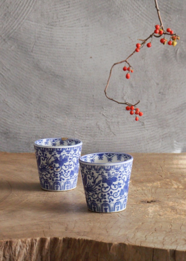 染付印判蕎麦猪口　桐菊唐草鳳凰紋　ソバ猪口　2客　金継