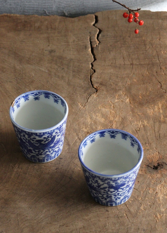 染付印判蕎麦猪口　桐菊唐草鳳凰紋　ソバ猪口　2客　金継