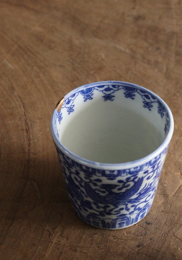 染付印判蕎麦猪口　桐菊唐草鳳凰紋　ソバ猪口　2客　金継