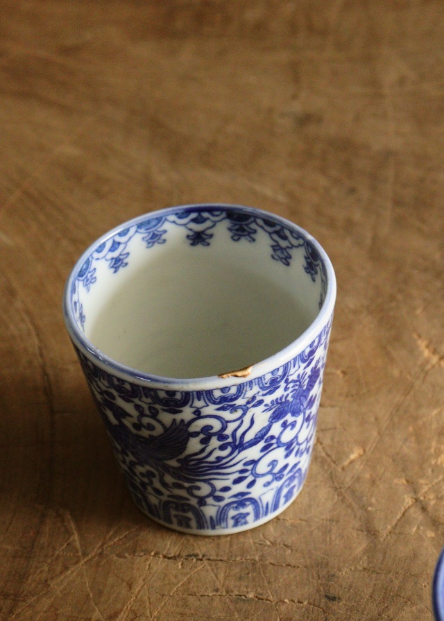 染付印判蕎麦猪口　桐菊唐草鳳凰紋　ソバ猪口　2客　金継