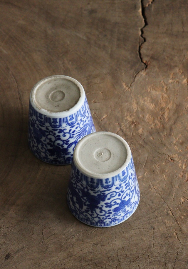 染付印判蕎麦猪口　桐菊唐草鳳凰紋　ソバ猪口　2客　金継