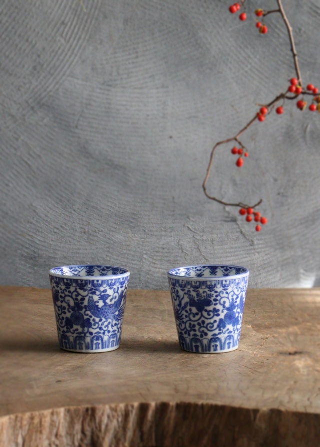 染付印判蕎麦猪口　桐菊唐草鳳凰紋　ソバ猪口　2客　金継