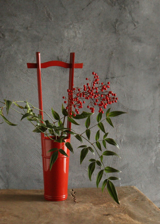 輪島塗 手桶花器　朱塗　漆器　花器　花瓶　