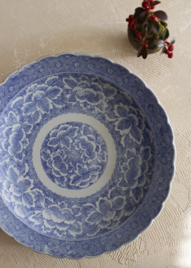 印判染付大皿 A41cm B40cm 大皿 オードブル皿 飾り皿 特大