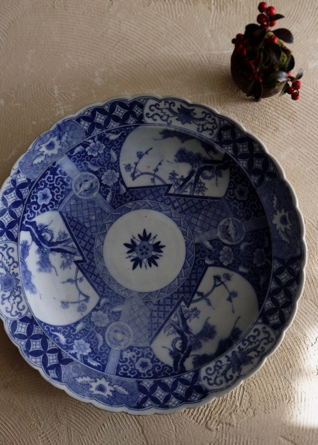 印判染付大皿　　直径40.5ｃｍ　　大皿　オードブル皿　飾り皿　特大