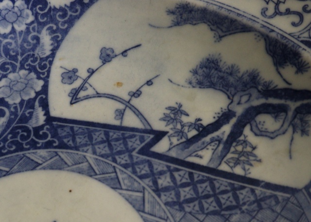 印判染付大皿　　A41ｃｍ　B40ｃｍ　　大皿　オードブル皿　飾り皿　特大