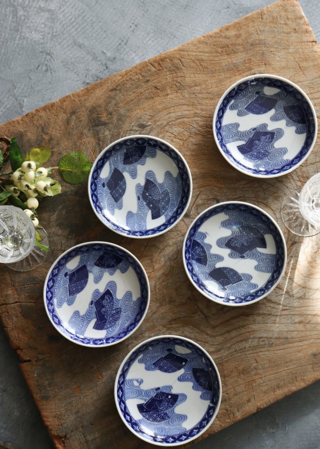 染付印判流水扇面紋小皿5枚組　取り皿　手塩皿　小皿　プレート