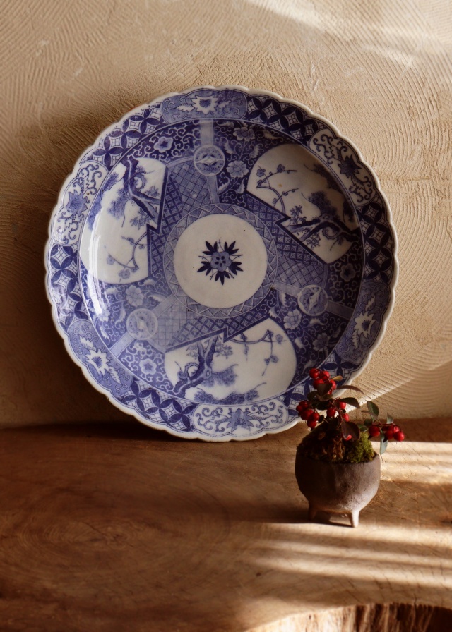 印判染付大皿　　A41ｃｍ　B40ｃｍ　　大皿　オードブル皿　飾り皿　特大