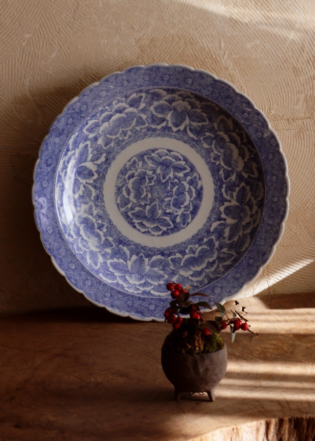 印判染付大皿　　A41ｃｍ　B40ｃｍ　　大皿　オードブル皿　飾り皿　特大
