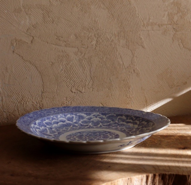 印判染付大皿　　A41ｃｍ　B40ｃｍ　　大皿　オードブル皿　飾り皿　特大