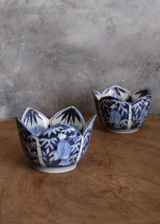 染付手描き竹林賢人図割山椒向付　1客　小鉢　古伊万里