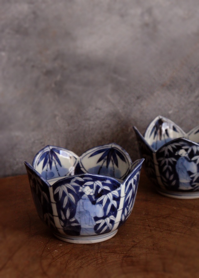 染付手描き竹林賢人図割山椒向付　1客　小鉢　古伊万里