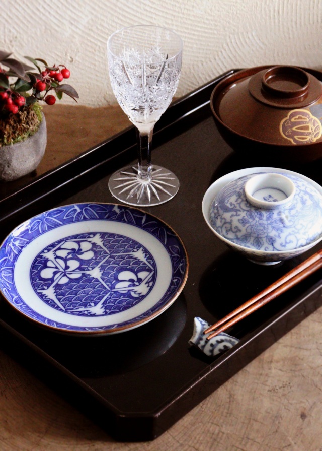 染付印判青海波亀甲花笹紋皿　４枚組　16ｃｍ　ケーキ皿　取り皿　モダン皿　印判皿