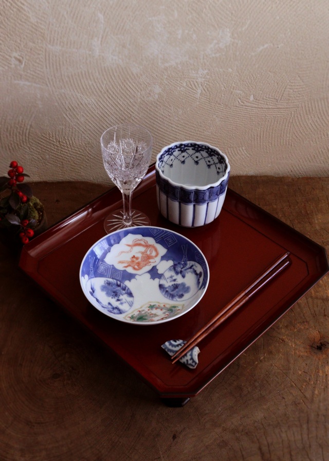 朱と黒二色の脚付き膳 漆膳 お膳 お月見 隅切り角膳 1膳Antique Sam's