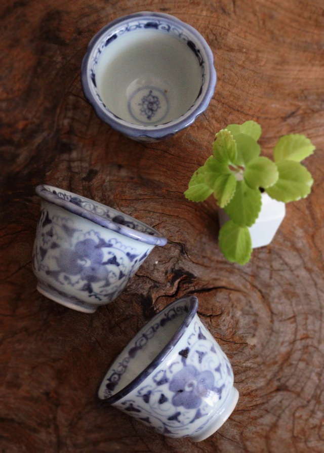 染付蕎麦猪口 古伊万里 花唐草 ソバ猪口 2客 Antique Sam's