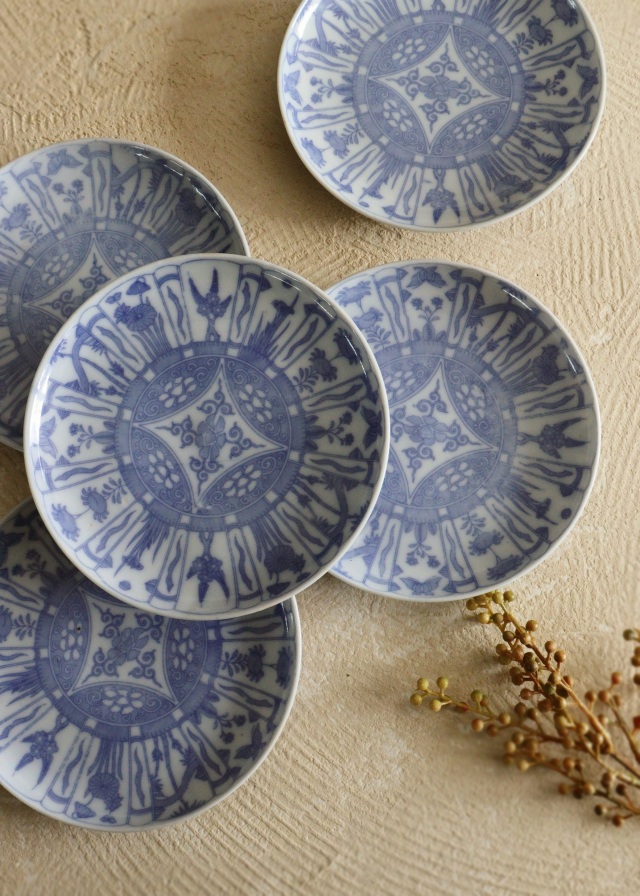 染付芙蓉手紋印判皿 5枚組 16cm ケーキ皿 取り皿 モダン皿 ボタニカル柄 印判皿