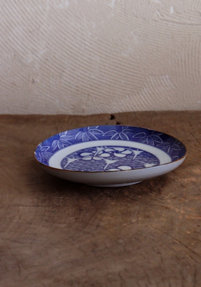 染付印判青海波亀甲花笹紋皿　４枚組　16ｃｍ　ケーキ皿　取り皿　モダン皿　印判皿