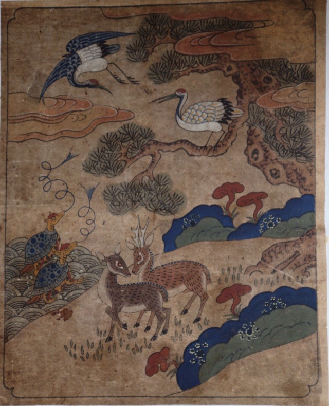 李朝民画　[十長生図]　李朝　韓国骨董　韓国アンティーク　李朝民画　李朝工藝　絵画