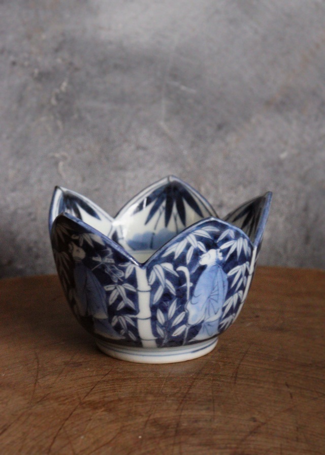 染付手描き竹林賢人図割山椒向付　1客　小鉢　古伊万里