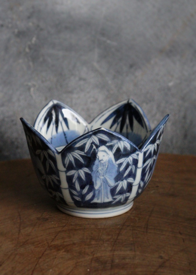 染付手描き竹林賢人図割山椒向付　1客　小鉢　古伊万里