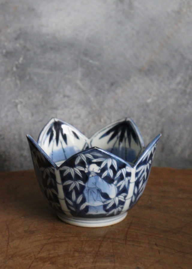 染付手描き竹林賢人図割山椒向付　1客　小鉢　古伊万里