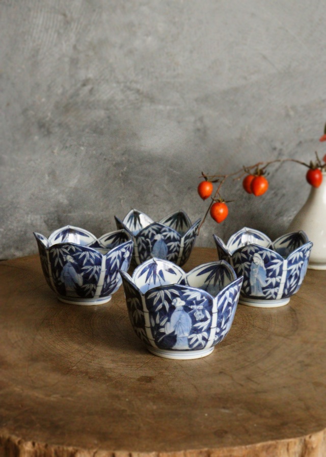 染付手描き竹林賢人図割山椒向付　1客　小鉢　古伊万里