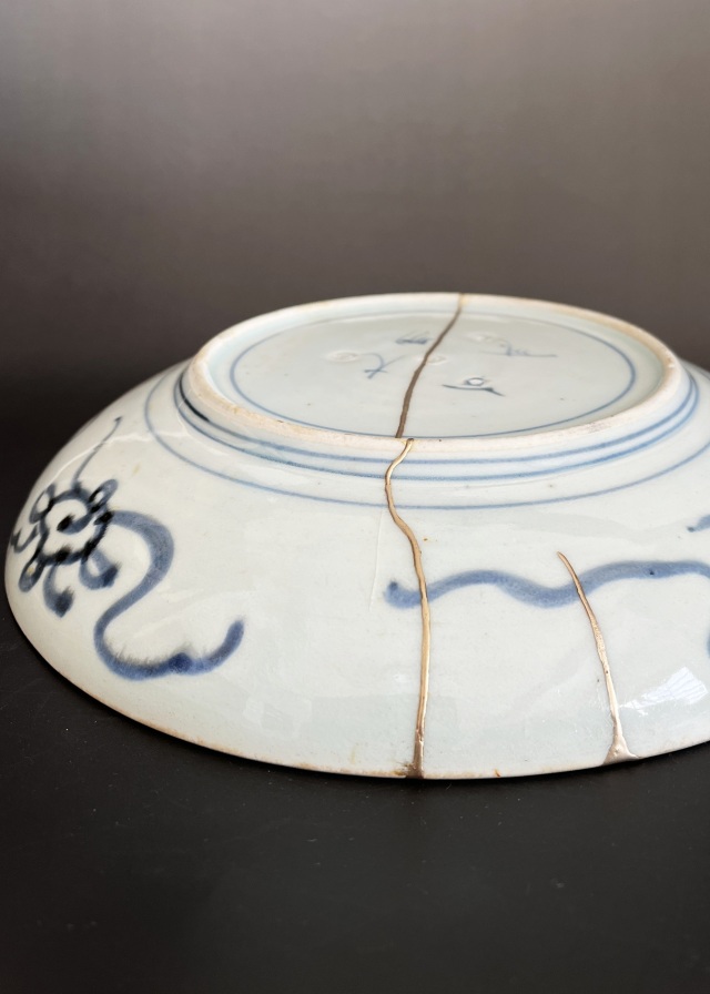 染付皿　馬図　プラチナ繕い有り