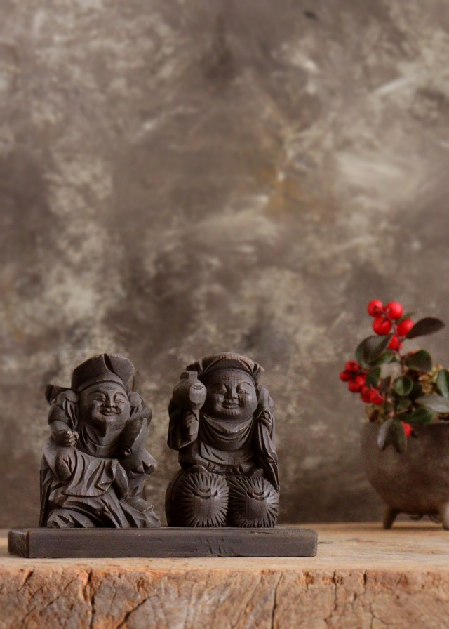 小さな恵比寿大黒像　木彫　木彫仏　　