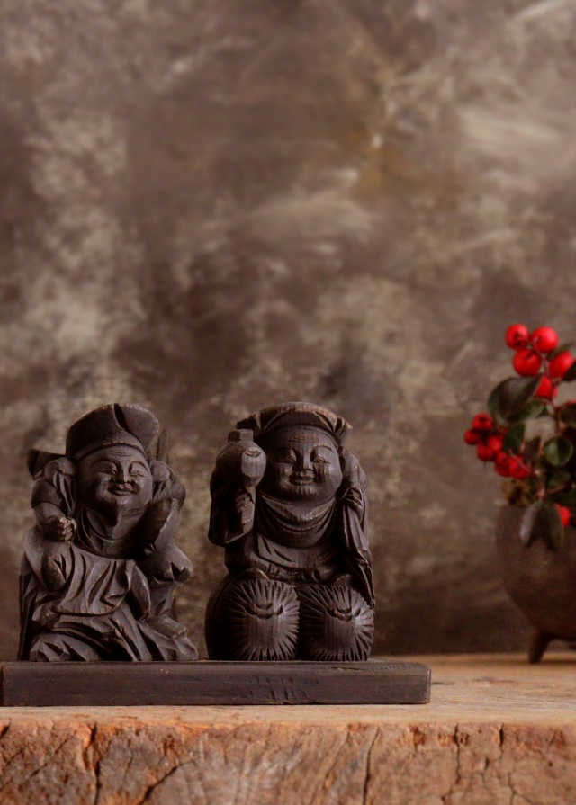 小さな恵比寿大黒像 木彫 木彫仏