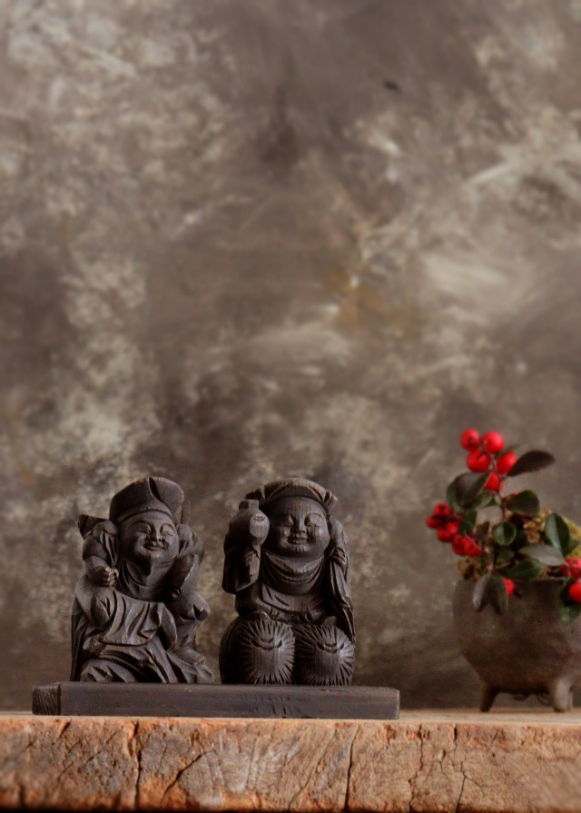 小さな恵比寿大黒像　木彫　木彫仏　　