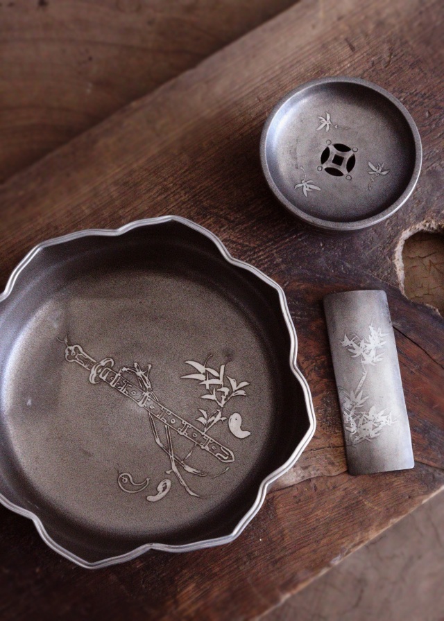 錫製茶器セット　菓子器　茶こぼし　茶則　間村自造　四君子　茶盤