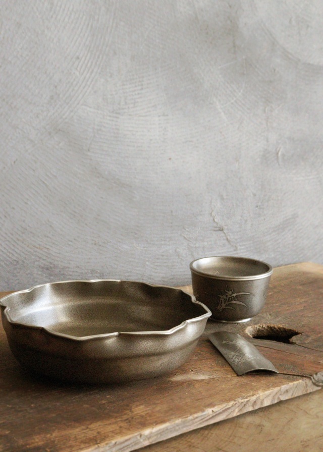 錫製茶器セット　菓子器　茶こぼし　茶則　間村自造　四君子　茶盤