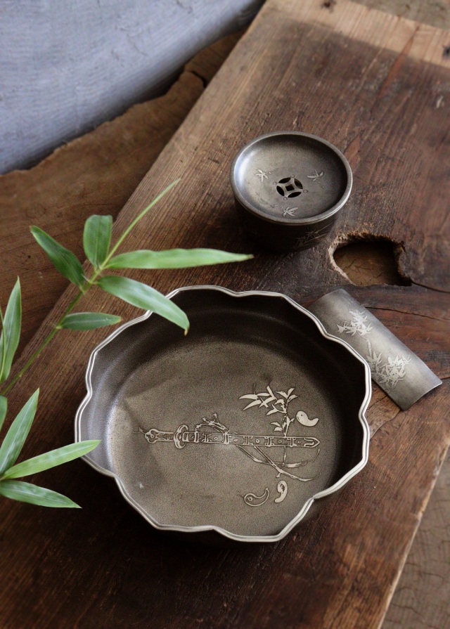 錫製茶器セット　菓子器　茶こぼし　茶則　間村自造　四君子　茶盤