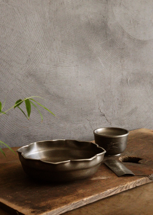 錫製茶器セット　菓子器　茶こぼし　茶則　間村自造　四君子　茶盤