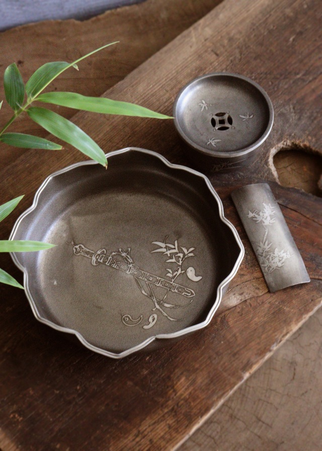 錫製茶器セット　菓子器　茶こぼし　茶則　間村自造　四君子　茶盤