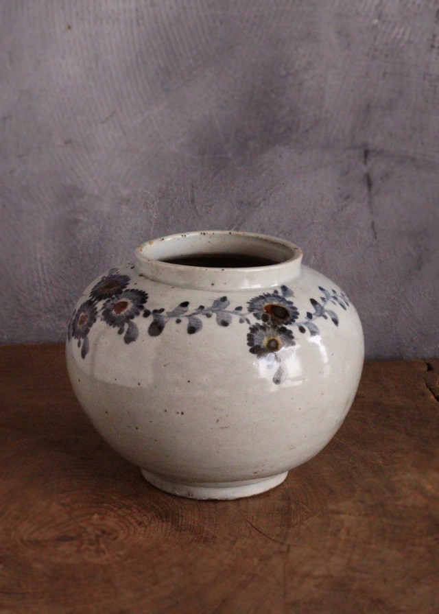 李朝菊竹紋青華辰砂　青花瓶　花瓶　壷　辰砂壺