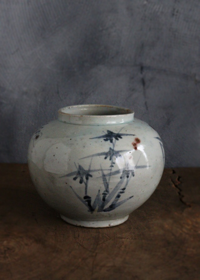李朝菊竹紋青華辰砂　青花瓶　花瓶　壷　辰砂壺