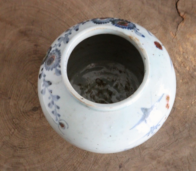 李朝菊竹紋青華辰砂　青花瓶　花瓶　壷　辰砂壺