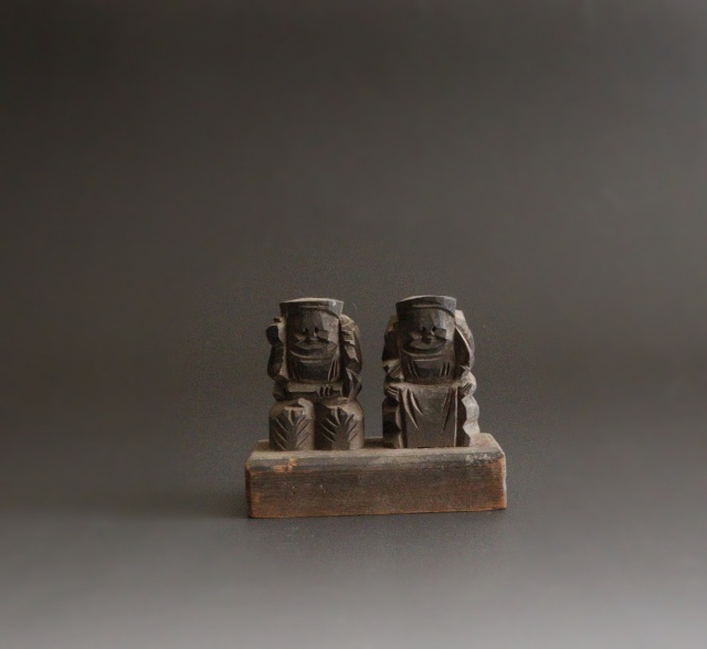 小さな恵比寿大黒像 木彫 福神様 豆仏 Antique Sam's Collection