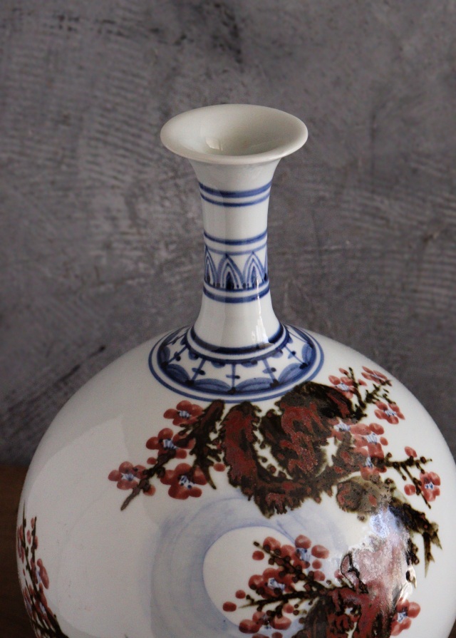 泰岩 沈相燮作徳利型壷 　韓国陶磁　辰砂　鉄砂　青華　韓国インテリア　韓国人作家