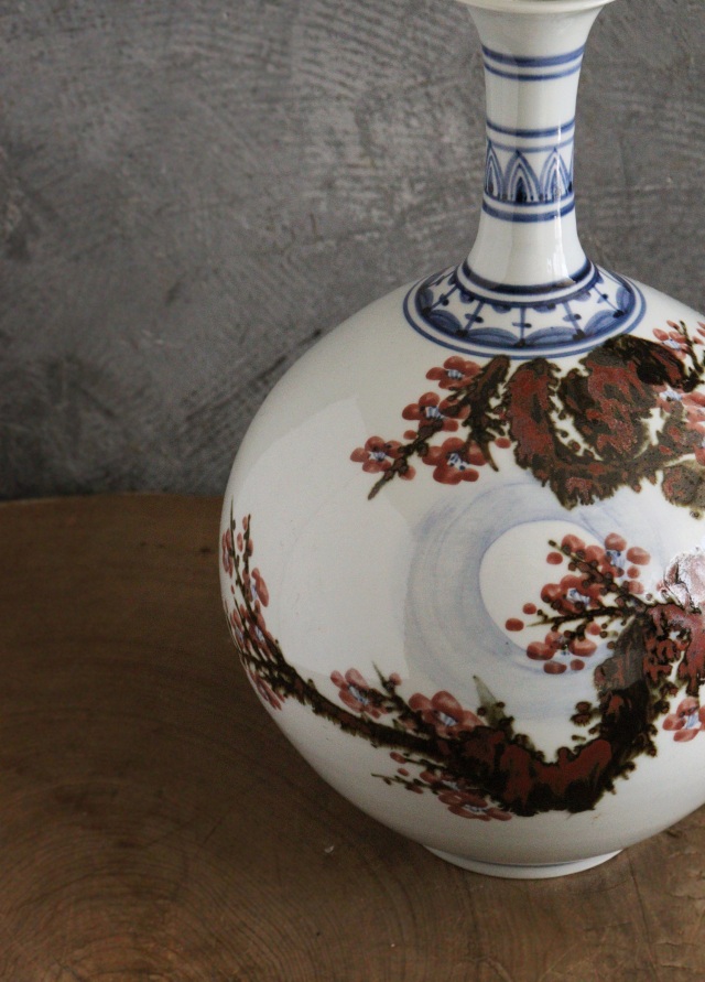 泰岩 沈相燮作徳利型壷 　韓国陶磁　辰砂　鉄砂　青華　韓国インテリア　韓国人作家