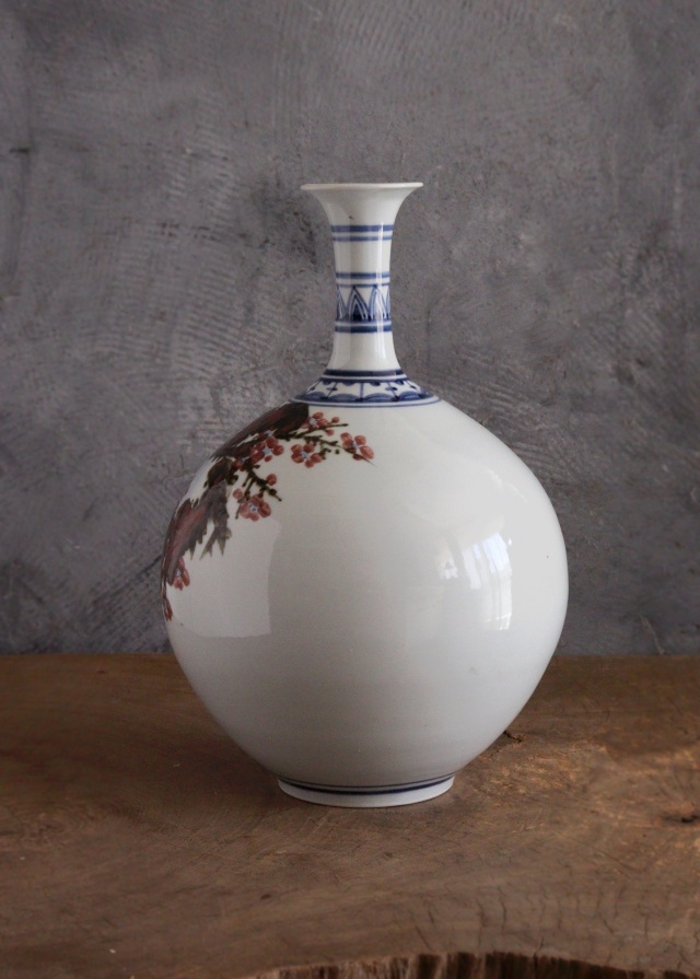 泰岩 沈相燮作徳利型壷 　韓国陶磁　辰砂　鉄砂　青華　韓国インテリア　韓国人作家