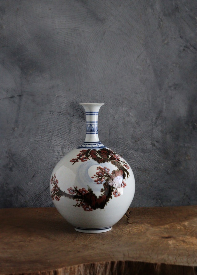 泰岩 沈相燮作徳利型壷 　韓国陶磁　辰砂　鉄砂　青華　韓国インテリア　韓国人作家