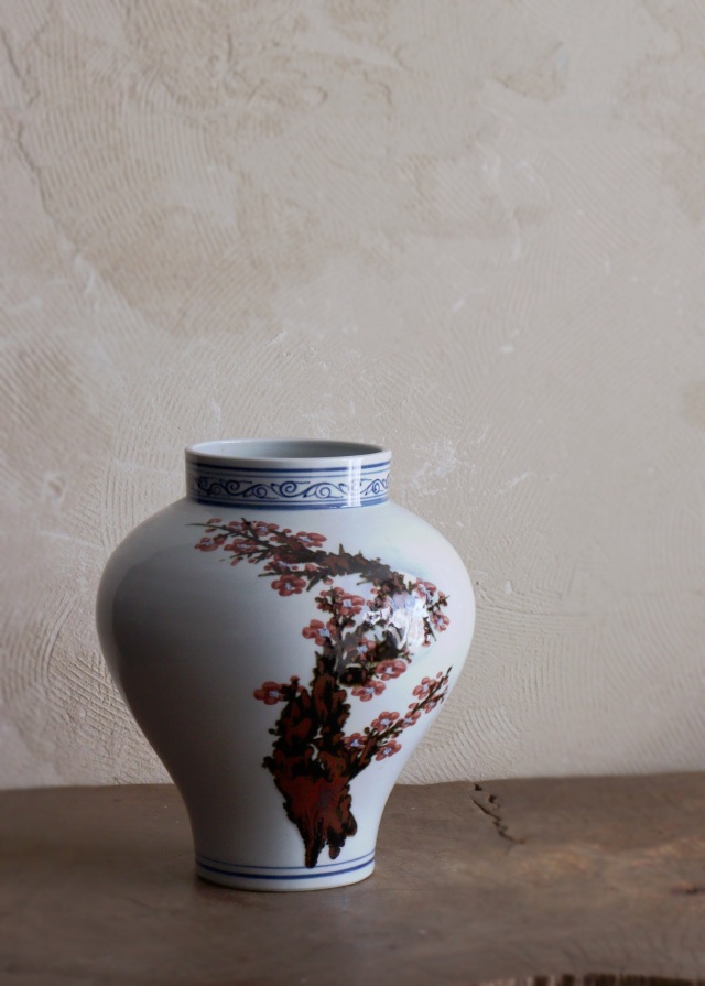 泰岩 沈相燮作梅瓶型辰砂壷 　韓国陶磁　韓国インテリア