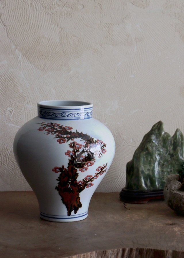 泰岩 沈相燮作梅瓶型辰砂壷 　韓国陶磁　韓国インテリア