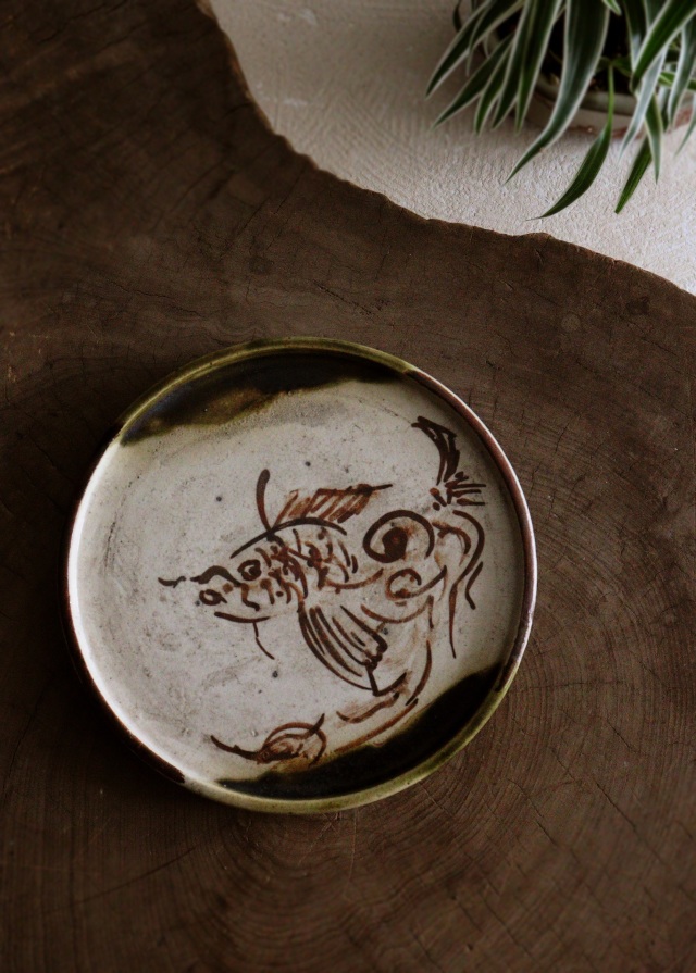 織部行灯皿　金魚図　織部皿　骨董　茶盤