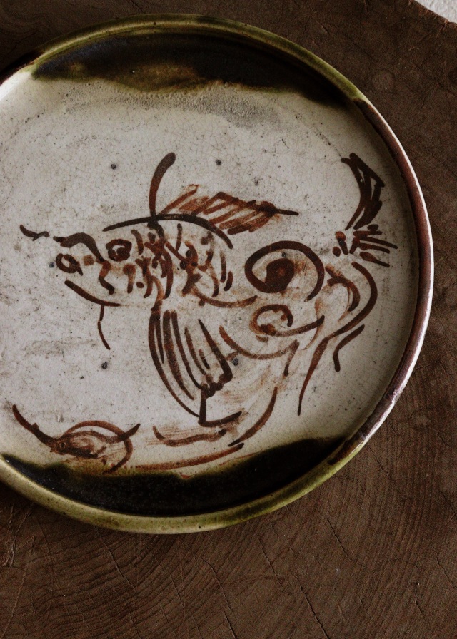 織部行灯皿　金魚図　織部皿　骨董　茶盤