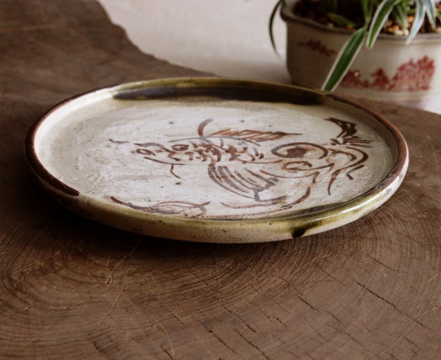 織部行灯皿　金魚図　織部皿　骨董　茶盤